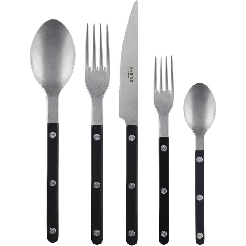 5-Piece Flatware Set - Bistrot Vintage Collection - Knives, Forks, Soup Spoons, Teaspoons & Dessert Forks - Stainless Steel & Acrylic - Dishwasher Safe - Black - Mat Finish