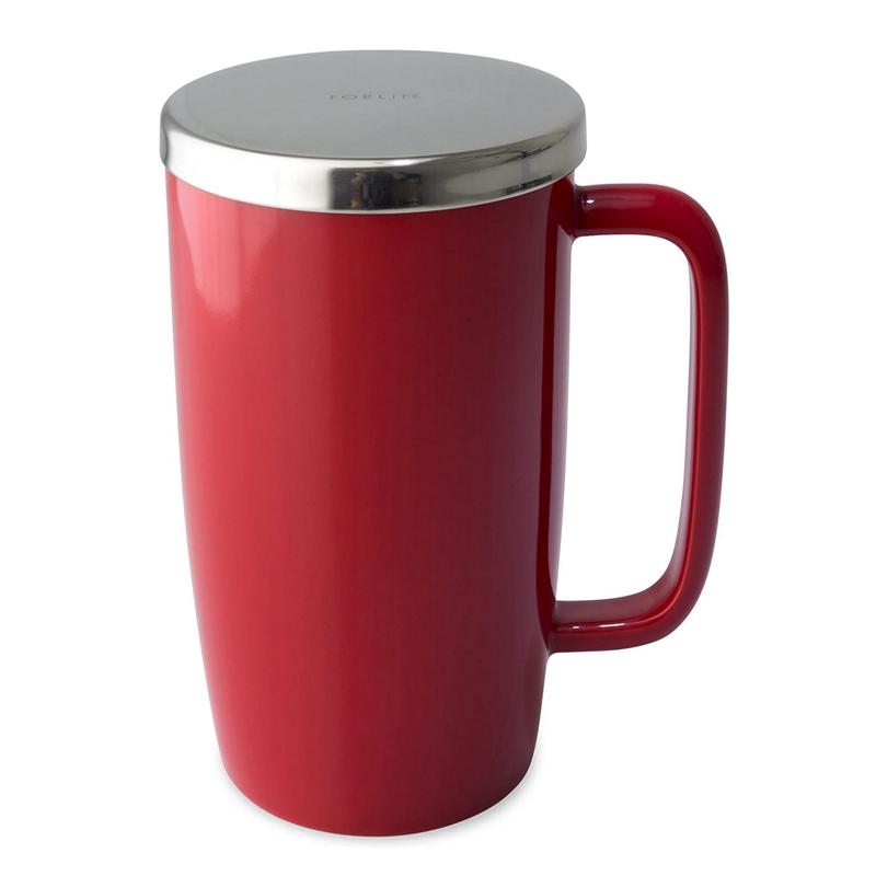 FORLIFE Dew Glossy Finish Brew-In-Mug with Basket Infuser & \"Mirror\" Stainless Lid 18 oz., Red