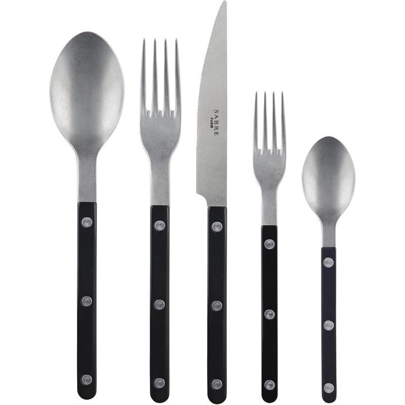 5-Piece Flatware Set - Bistrot Vintage Collection - Knives, Forks, Soup Spoons, Teaspoons & Dessert Forks - Stainless Steel & Acrylic - Dishwasher Safe - Black - Mat Finish