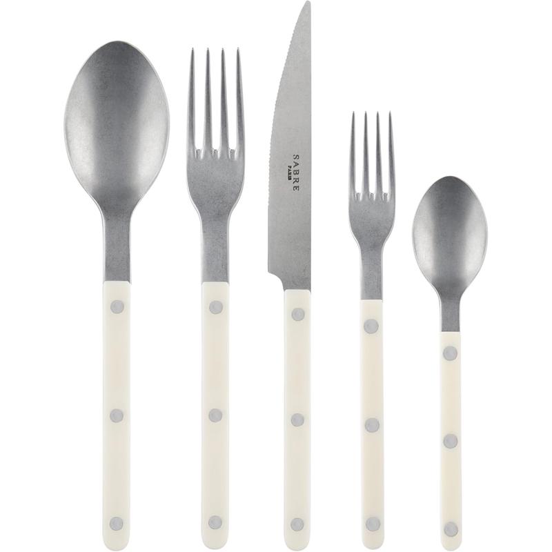 5-Piece Flatware Set - Bistrot Vintage Collection - Knife, Fork, Soup Spoon, Teaspoon & Dessert Fork - Stainless Steel & Nylon - Dishwasher Safe - Ivory - Mat Finish