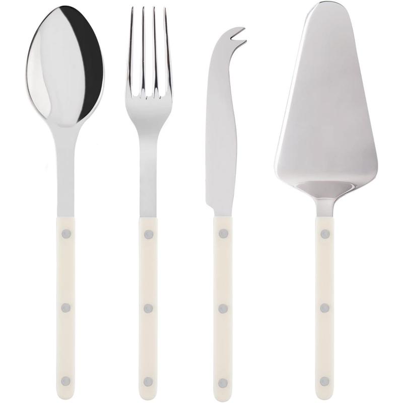 4-Piece Serving Set - Bistrot Collection - 2 Serving Flatware, Serrated Pie Server, Large Cheese Knife - Stainless Steel & Nylon - Dishwasher Safe - Ivory - Brilliant Finish