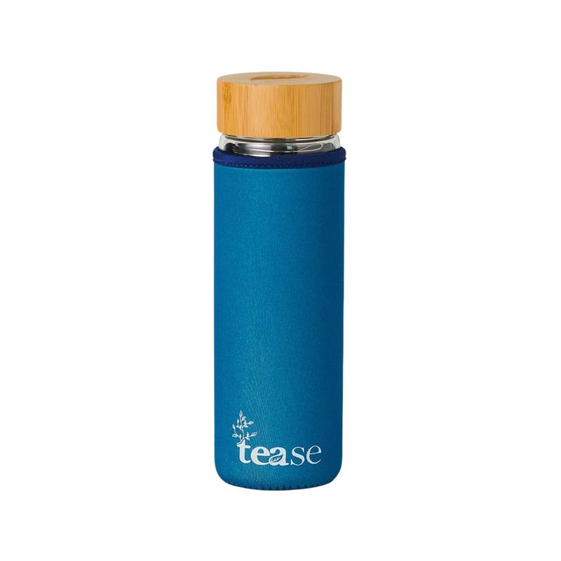 Tease Tea Glass & Bamboo Tea Tumbler 3 in 1 Versatile Infuser to Brew Tea, Coffee, Fruit Water Infused Drinks Mocktails, Includes Neoprene Sleeve Handle, Bamboo Lid, Airtight Leak-Proof 450ml (Bluebel