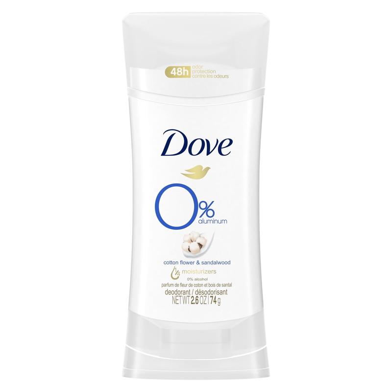 Dove 0% Aluminum Women\’s Antiperspirant Deodorant Stick, Cotton Flower and Sandalwood, 2.6 oz