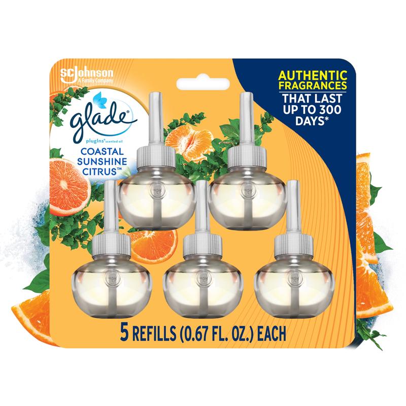 Glade PlugIns Scented Oil Warmer Refills, Glade Plug in refills, Air Freshener, Coastal Sunshine Citrus, 5 x 0.67 oz